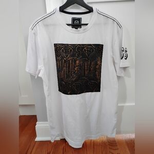 White Graphic Tee with Black and Gold Design